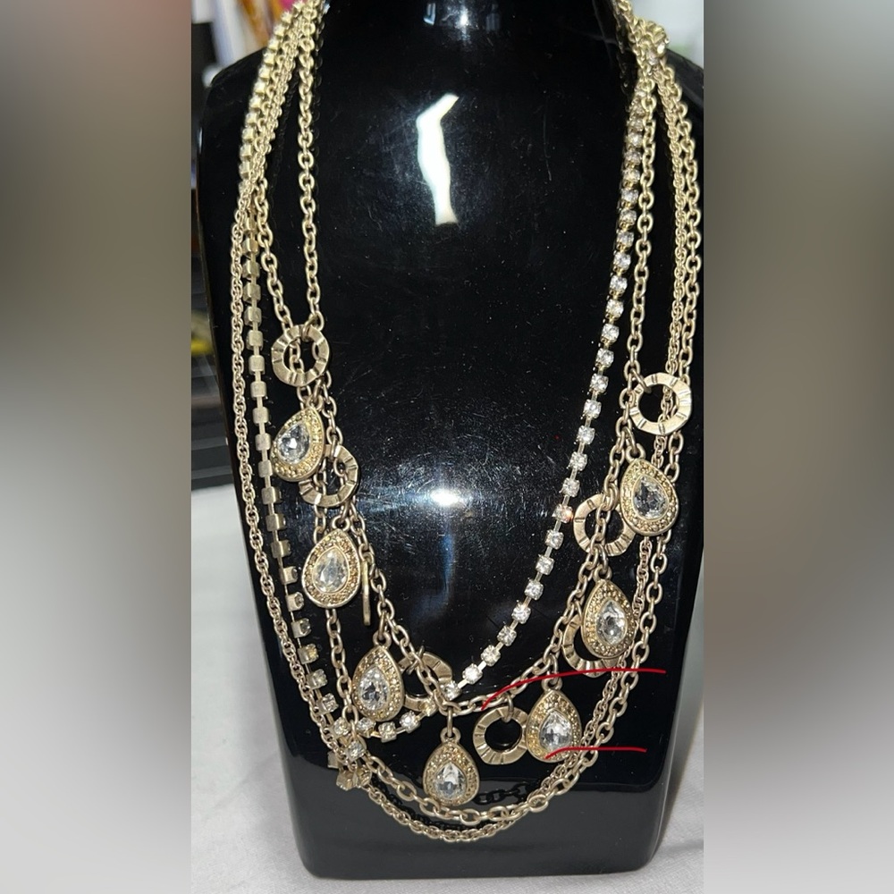 Vintage Gold tone Multi-Layered Necklace with Crystal Accents - Gently Used